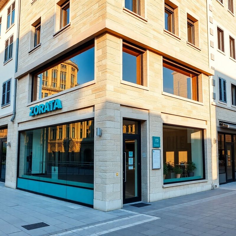 Vanjski pogled na moderni ured od kamena i stakla u Zadru s teal detaljima